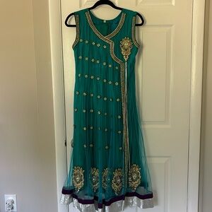Teal Embellished Sleeveless Ethnic Dress with pants and scarf